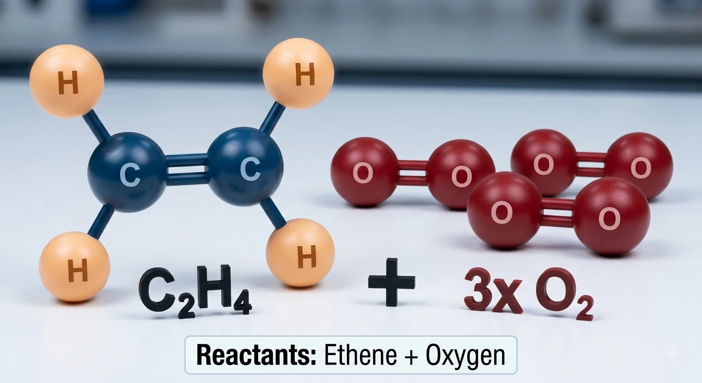 Heat of combustion of ethene showing molecular models, exothermic reaction profile, bond breaking, bond formation, and complete combustion
