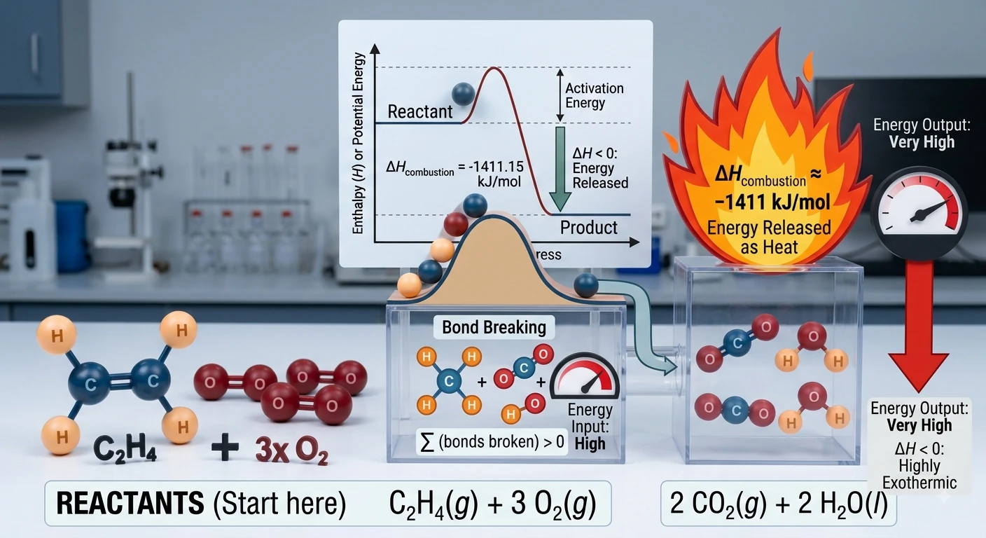 Heat of combustion of ethene showing molecular models, exothermic reaction profile, bond breaking, bond formation, and complete combustion