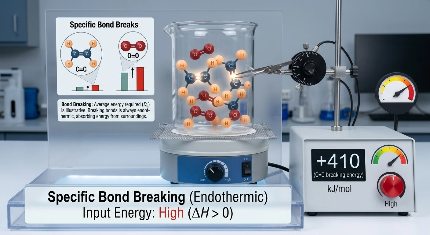 Heat of combustion of ethene showing molecular models, exothermic reaction profile, bond breaking, bond formation, and complete combustion