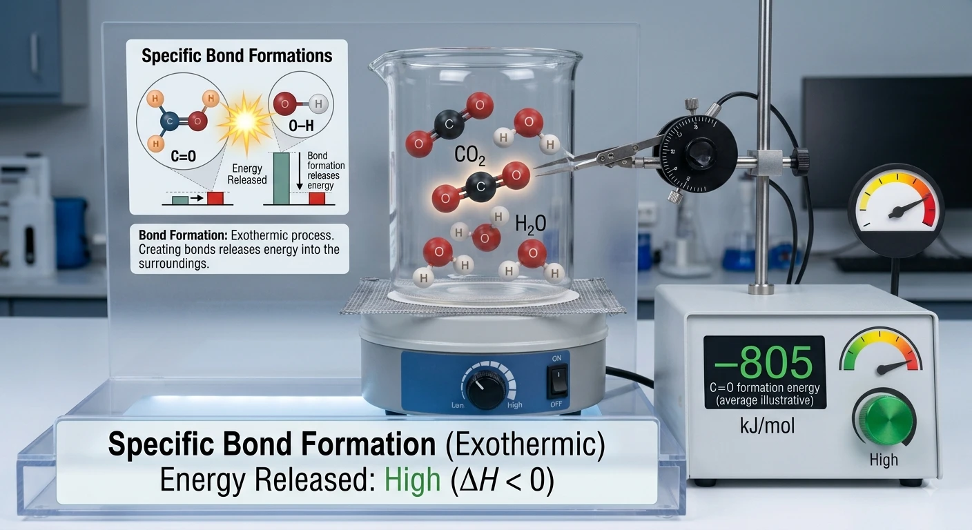 Heat of combustion of ethene showing molecular models, exothermic reaction profile, bond breaking, bond formation, and complete combustion