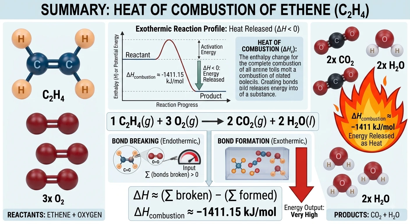 Heat of combustion of ethene showing molecular models, exothermic reaction profile, bond breaking, bond formation, and complete combustion